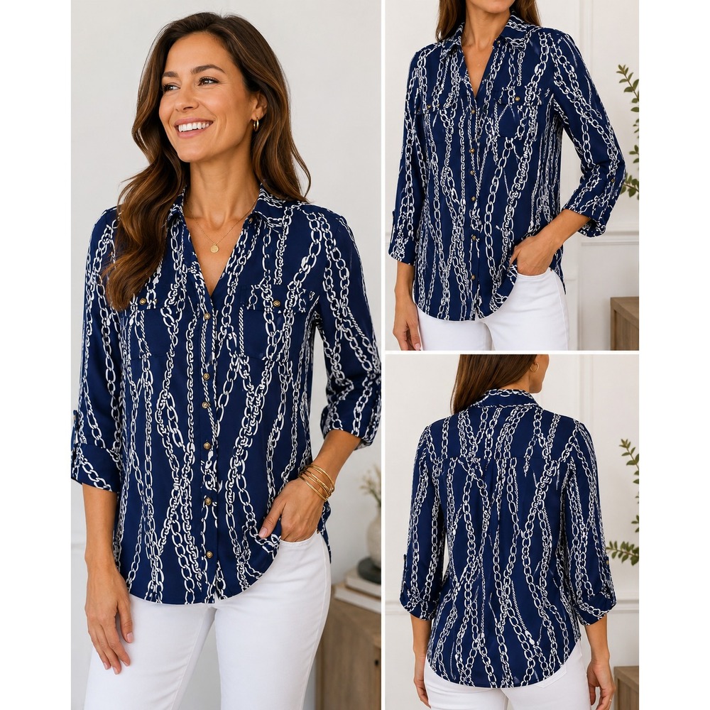 Charter Club Womens Blue Chain Print Blouse Large Button Up Roll Tab Resort NWT